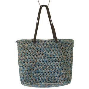 Blue Miami, Woven Blue, Natural Straw, Gold Threads Lined Shoulder Bag Purse